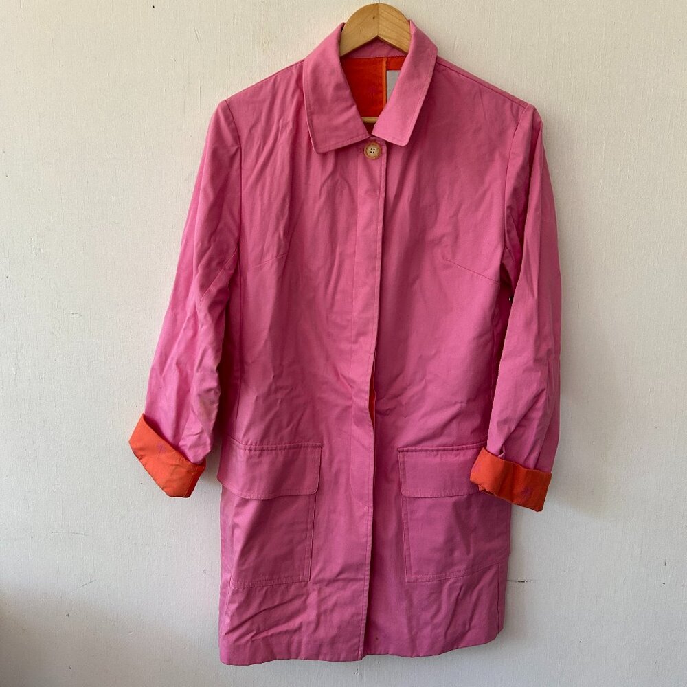 Lilly Pulitzer VINTAGE Trench Coat Medium Pink Pockets Collared Button FLAW